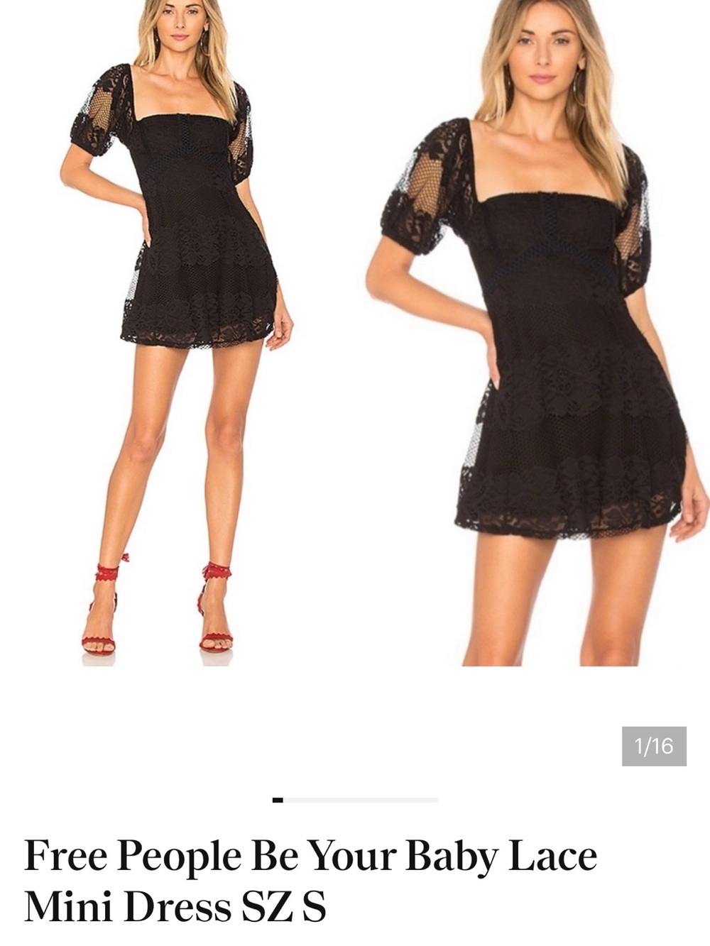 Free People Black Lace Mini Dress with Puff Sleeves size L